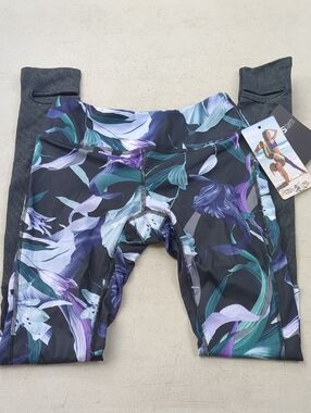 Women's Floral Print Active Leggings - Black with Purple & Teal Accents
